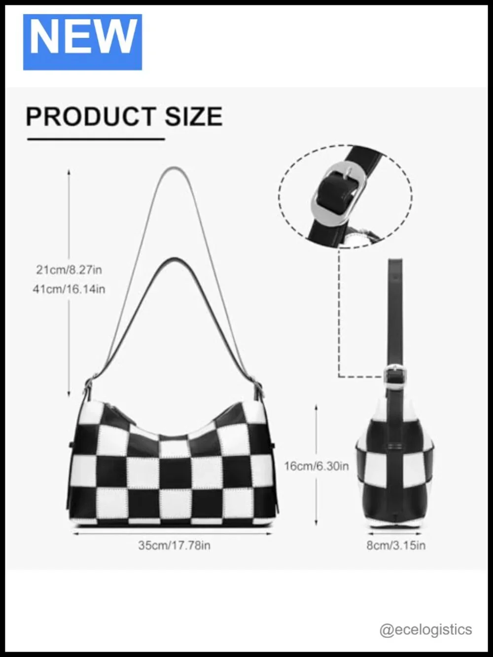 Checkered Vegan Leather Tote Hobo Shoulder Bag with Adjustable Strap